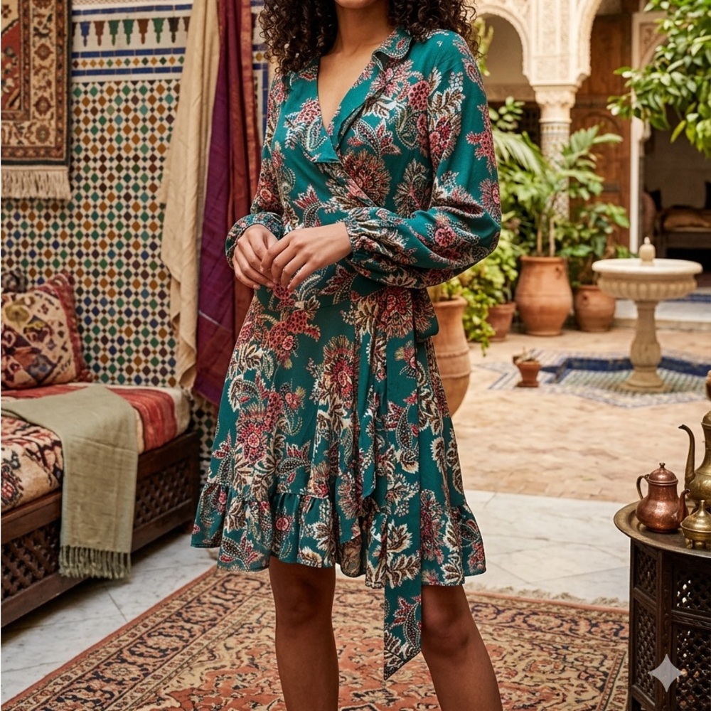 Rinna Gill Floral Green Nayara Wrap Dress size small